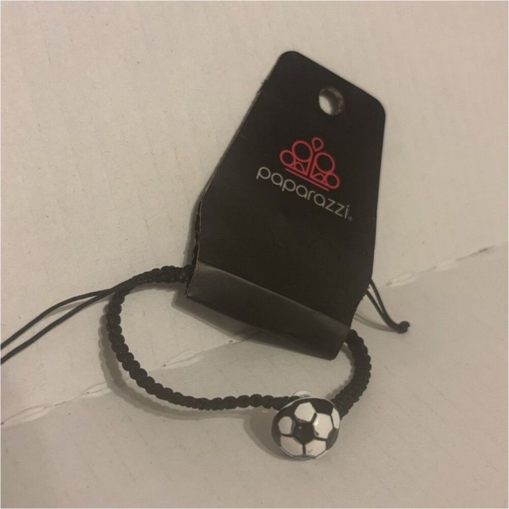 Paparazzi Adjustable Black Beaded Tie Bracelet White Soccer Ball Dangle Charm
